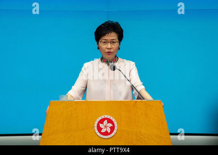 Hong Kong, China. 10th Oct 2018.  Carrie Lam announces a ban on e-cigarettes and any future variations of the e-cigarette in the government offices Tamar Hong Kong on October 10, 2018. Hong Kong chief executive, Carrie Lam, addresses a press conference following the delivery of The Chief Executives's 2018 Policy Address.Jayne Russell/ Alamy Live News Stock Photo