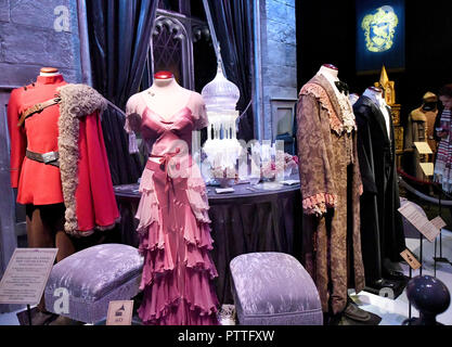 Potsdam, Brandenburg. 11th Oct, 2018. The costumes of the school ball are shown in the Harry Potter exhibition. The exhibition, which opens for visitors on Saturday (13.10.2018) in the Filmpark Babelsberg, shows costumes and complete sets of the film series. Credit: Bernd Settnik/dpa-Zentralbild/dpa/Alamy Live News Stock Photo