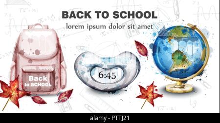 Back to school card with watercolor satchel, alarm clock and globus Vector illustration Stock Vector