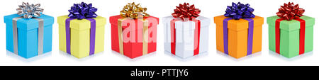 Birthday gifts christmas presents in a row boxes isolated on a white background Stock Photo