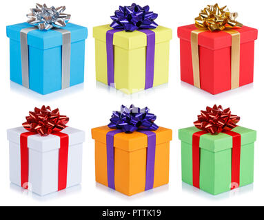 Collection of birthday gifts christmas presents boxes isolated on a white background Stock Photo