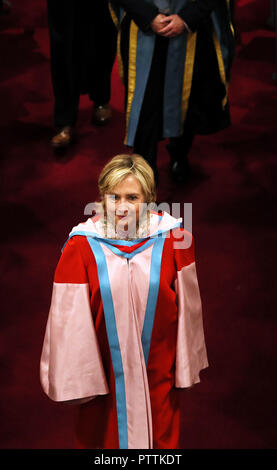 Hillary Clinton following a ceremony at Queen's University Belfast where she was awarded an honorary degree. Picture date: Wednesday October 10, 2018. The award, an honorary Doctor of Laws (LLD), is for her exceptional public service in the US and globally, and for her contribution to peace and reconciliation in Northern Ireland. See PA story ULSTER Clinton. Photo credit should read: Brian Lawless/PA Wire Stock Photo