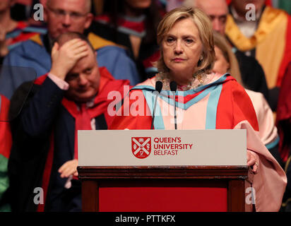 Hillary Clinton makes an address during a ceremony at Queen's University Belfast where she was awarded an honorary degree. Picture date: Wednesday October 10, 2018. The award, an honorary Doctor of Laws (LLD), is for her exceptional public service in the US and globally, and for her contribution to peace and reconciliation in Northern Ireland. See PA story ULSTER Clinton. Photo credit should read: Brian Lawless/PA Wire Stock Photo