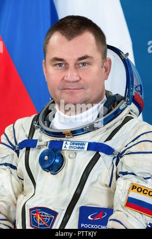 Expedition 57 crew member cosmonaut Alexey Ovchinin of Roscosmos portrait in the Sokol launch and entry suits at the Gagarin Cosmonaut Training Center November 16, 2017 in Star City, Russia. International Space Station Expedition 57 crew Nick Hague of NASA and Alexey Ovchinin of Roscosmos are scheduled to launch on October 11th and will spend the next six months living and working aboard the International Space Station. Stock Photo