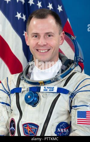 Expedition 57 crew member Nick Hague of NASA portrait in the Sokol launch and entry suits at the Gagarin Cosmonaut Training Center November 16, 2017 in Star City, Russia. International Space Station Expedition 57 crew Nick Hague of NASA and Alexey Ovchinin of Roscosmos are scheduled to launch on October 11th and will spend the next six months living and working aboard the International Space Station. Stock Photo