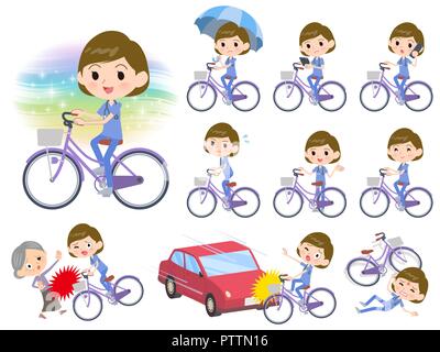 A set of Surgical Doctor women riding a city cycle.There are actions on manners and troubles.It's vector art so it's easy to edit. Stock Vector