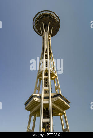 SEATTLE, WASHINGTON STATE, USA - JUNE 2018:  Scenic view of the Space Needle  in Seattle against a blue sky.