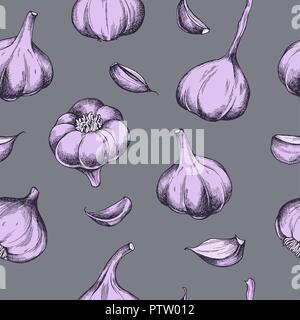Vector seamless pattern of garlic. Hand drawn vector illustration Stock Vector