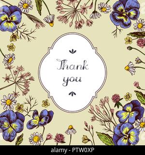 Thank you badge over heartseases and chamomiles on a yellow background. Hand drawn vector illustration Stock Vector