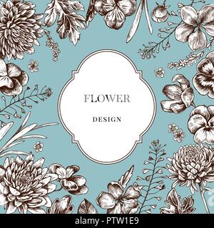Flowers design badge and asters, heartseases around on a blue background. Hand drawn vector illustration Stock Vector