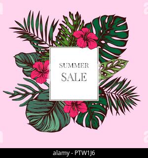Summer sale badge over tropical leaves on a pink background. Hand drawn vector illustration Stock Vector