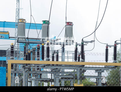 Power transformer in high voltage switchyard in modern electric substation, power station Stock Photo