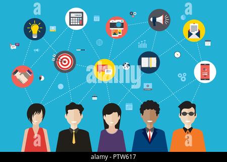 Social network and teamwork concept for web banner and infographic. Icons set of calculator, megaphone, email, target, smartphone, schedule, handshake Stock Vector