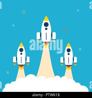 Vector rocket launch and smoke in background blue. Concept of startup project, innovation business, new idea, growth strategy. Rocket icon for infogra Stock Vector
