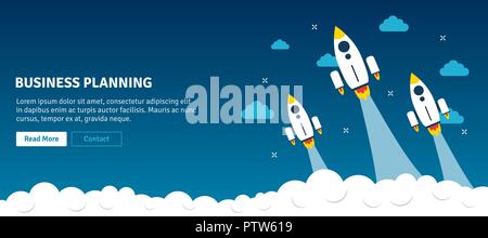 Rocket launch and smoke in background blue internet banner. Concept of business planning, startup project, project and innovation business, growth str Stock Vector