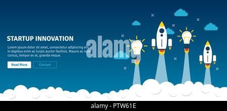 Rocket and lamp launch in web banner. Concept of startup innovation, business planning, startup project, project business, growth strategy in flat des Stock Vector