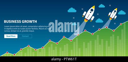 Rocket flying on chart of growth. Concept of successful, business growth, business planning and success, increase in sales, analysis and investment. F Stock Vector