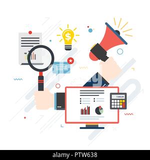 Hands with magnifying glass and megaphone, financial chart. .Business icon and computer screen with data analysis. Concept of business, finance and su Stock Vector