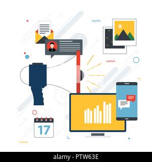 Advertising and marketing communication icons. Concepts for business marketing, analytics and strategy in social networks and social media. Flat desig Stock Vector