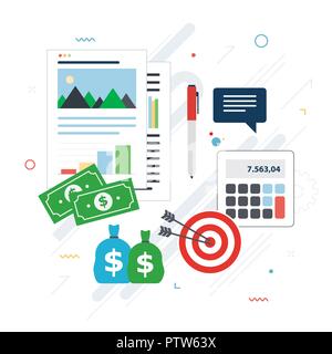Financial chart of growth and profits.Target icon, calculator, data analysis sheet, chat, money. Concept of investment flow and success in business. F Stock Vector