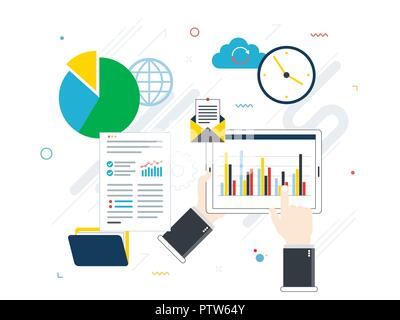 Flat design vector illustration concept of financial investment, analytics with growth report. Security and cloud data. Calculations and graphs of gai Stock Vector