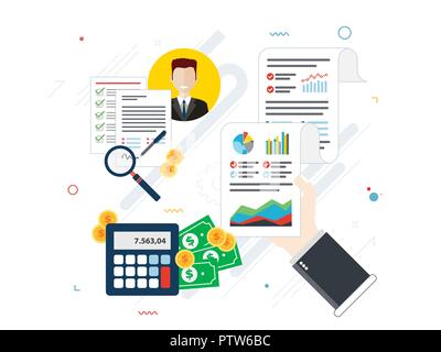 Report with investment data and graphs and growth on laptop screen and businessman hand. Calendar icon, calculator, money, briefcase and documents. Fl Stock Vector