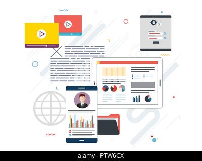 Tablet with performance analysis, laptop and internet screen with data, search icons and project management, application developments. Concept for suc Stock Vector