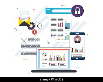 Tablet with performance analysis, laptop and internet screen with data, search icons and project management, application developments. Concept for suc Stock Vector