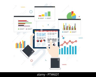 Concept of finance investment planning, analytics Information in the form of a graph or diagram with growth report on mobile device.  Successful busin Stock Vector