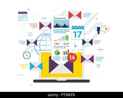Laptop with envelope and open email on screen. Email marketing, internet advertising concepts. Flat vector illustration. Stock Vector