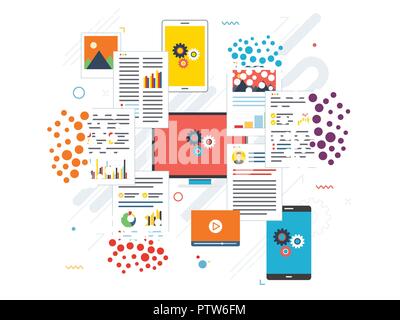 Laptop, computer and mobile phone deleting files and documents. Flat vector illustration. Stock Vector