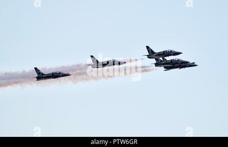 Breitling Jet Team putting on an spectacular evening aerial display at the Bournemouth Air Festival on the 1st September 2018 Stock Photo