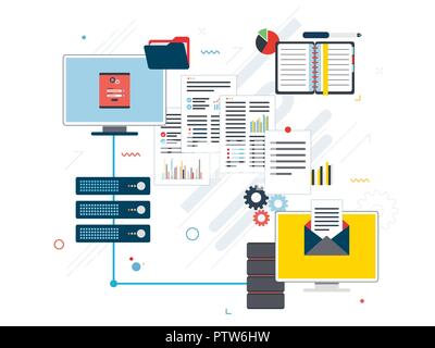 Computers and laptop accessing server files in network computers. Concepts cloud computing devices, data network and business intelligence. Flat vecto Stock Vector