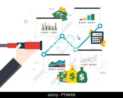 Hand with lunette analyzing investment charts and business icons. Business prediction and vision concept, financial investment, growth, success and ea Stock Vector