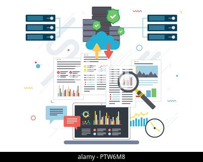 Laptop accessing data from cloud computers. Concepts big data analysis, data mining, cloud computing devices, data network and business intelligence.  Stock Vector