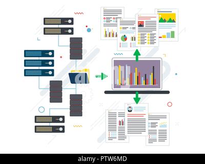 Laptop accessing server files in network and extract information. Concepts data mining or business intelligence processing for decision making. Flat v Stock Vector