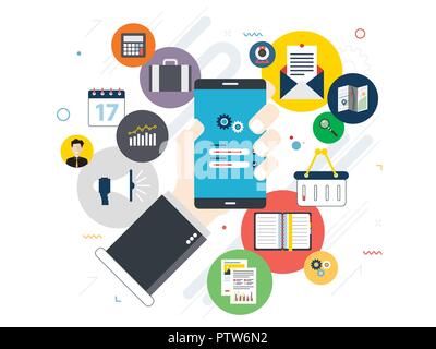 Hand holding mobile phone on login screen. Smartphone application icons connected by lines. Concept of smart communication and technology. Flat vector Stock Vector