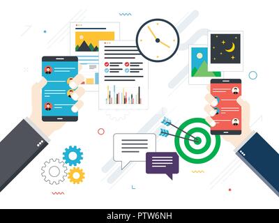 Message in application on smartphone, sharing of data files, videos and image. Concept of business and communication, social media and internet. Flat  Stock Vector