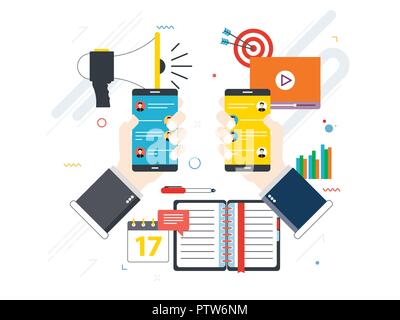 Message in application on smartphone, sharing of data files, videos and image. Concept of business and communication, social media and internet. Flat  Stock Vector