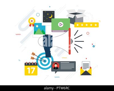 Advertising and marketing communication icons. Concepts for business marketing, analytics and strategy in social networks and social media. Flat desig Stock Vector