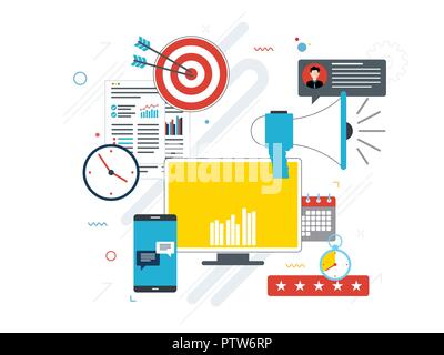 Advertising and marketing communication icons. Concepts for business marketing, analytics and strategy in social networks and social media. Flat desig Stock Vector
