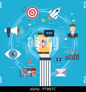 Messenger marketing, mobile advertising and communication in startup business. Hand holding smartphone with speech bubble, credit card, chat bot and t Stock Vector