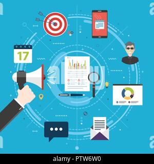 Content marketing, advertising and communication in business, digital content promotion. Hand holding megaphone with smartphone, email, people and tar Stock Vector