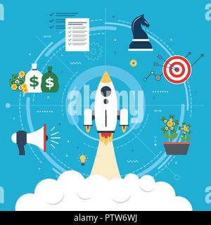 Rocket flying with icons of strategy, marketing, money and investment. Concept of business successful, growth strategy and investment in startup. Flat Stock Vector