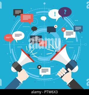 Hands holding a megaphones. Notice or announcement, promotion a product, service or event and message icons and comments. Flat design vector business  Stock Vector
