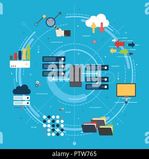 Network server of computers and business intelligence.Database security system. Backup data traffic analysis. Big Data and cloud computing banner conc Stock Vector