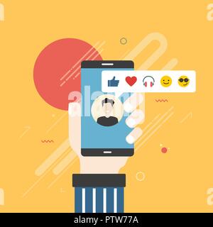 Human hand holding mobile phone with social network feedback emoticons : thumbs up, like, smile, earphone, face sunglasses on screen. Concept of facia Stock Vector