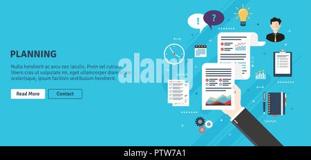 Report with investment data and graphs of growth on sheet of paper in the hands of a businessman. Contact agenda icon, speech bubble, documents and bu Stock Vector