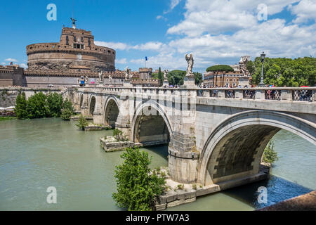 view of Ponte Sant'Angelo the Tiber River and Castel Sant'Angelo, the Mausoleum of Hadrian, Rome, Italy Stock Photo