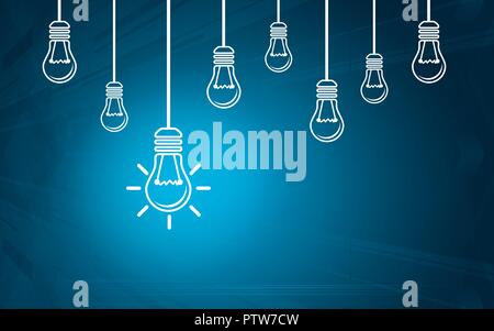 Light bulbs on a blue background. Creativity concept with innovation or inspiration in business, thinking outside the box.Strategy and leadership on t Stock Vector